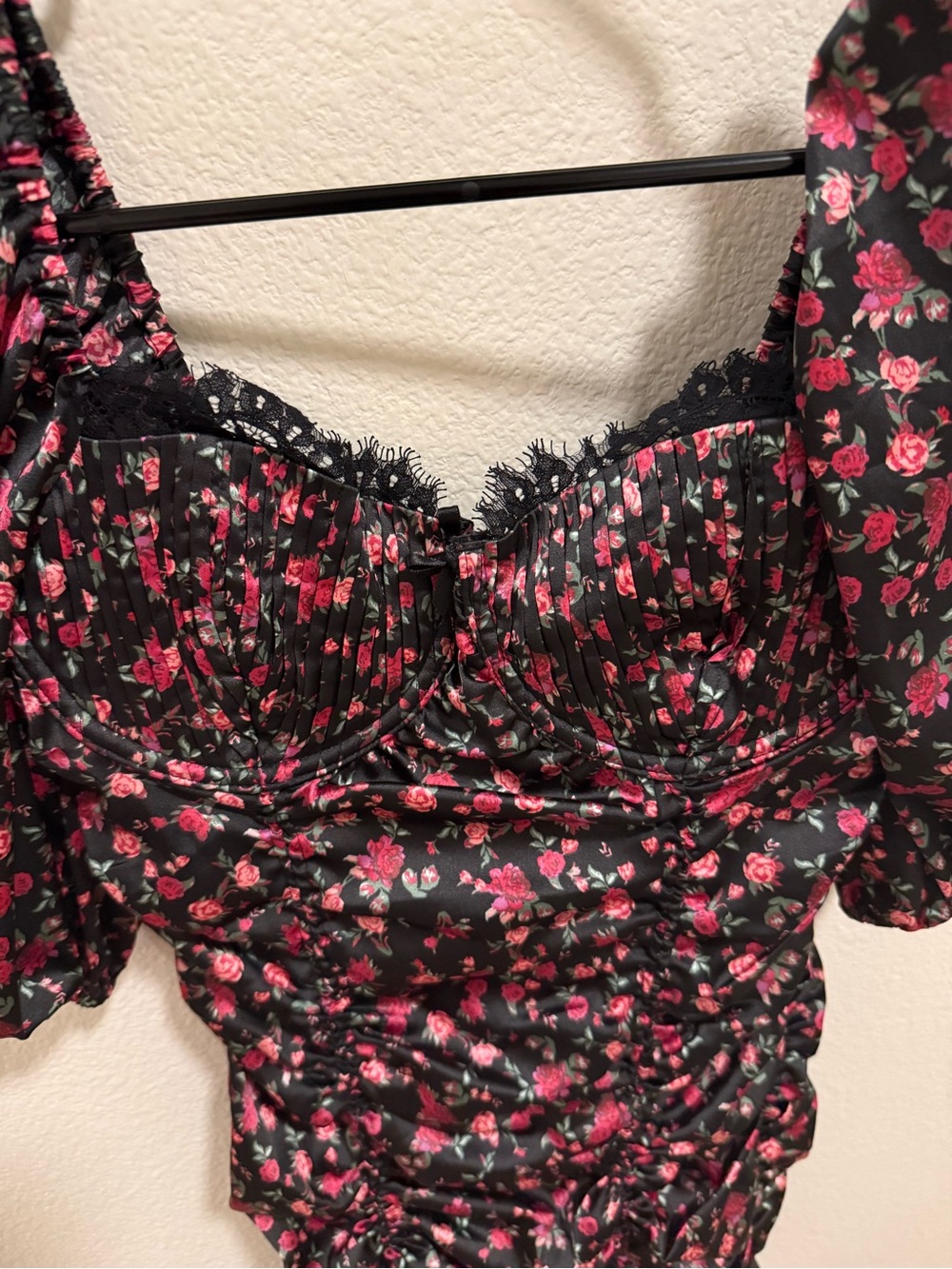 For Love & Lemons Black Rose Print Ruched Bustier Top